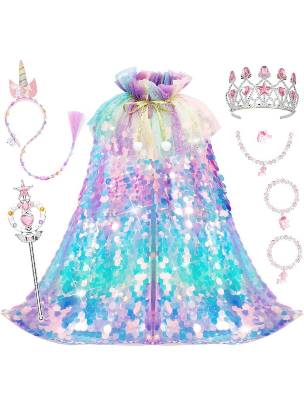 Mermaid Princess Dress Up Cape with Crown Costume Set for Girls -Colorful